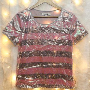 F21 Pink/Silver Sequin Striped Shirt Knit Top NWT